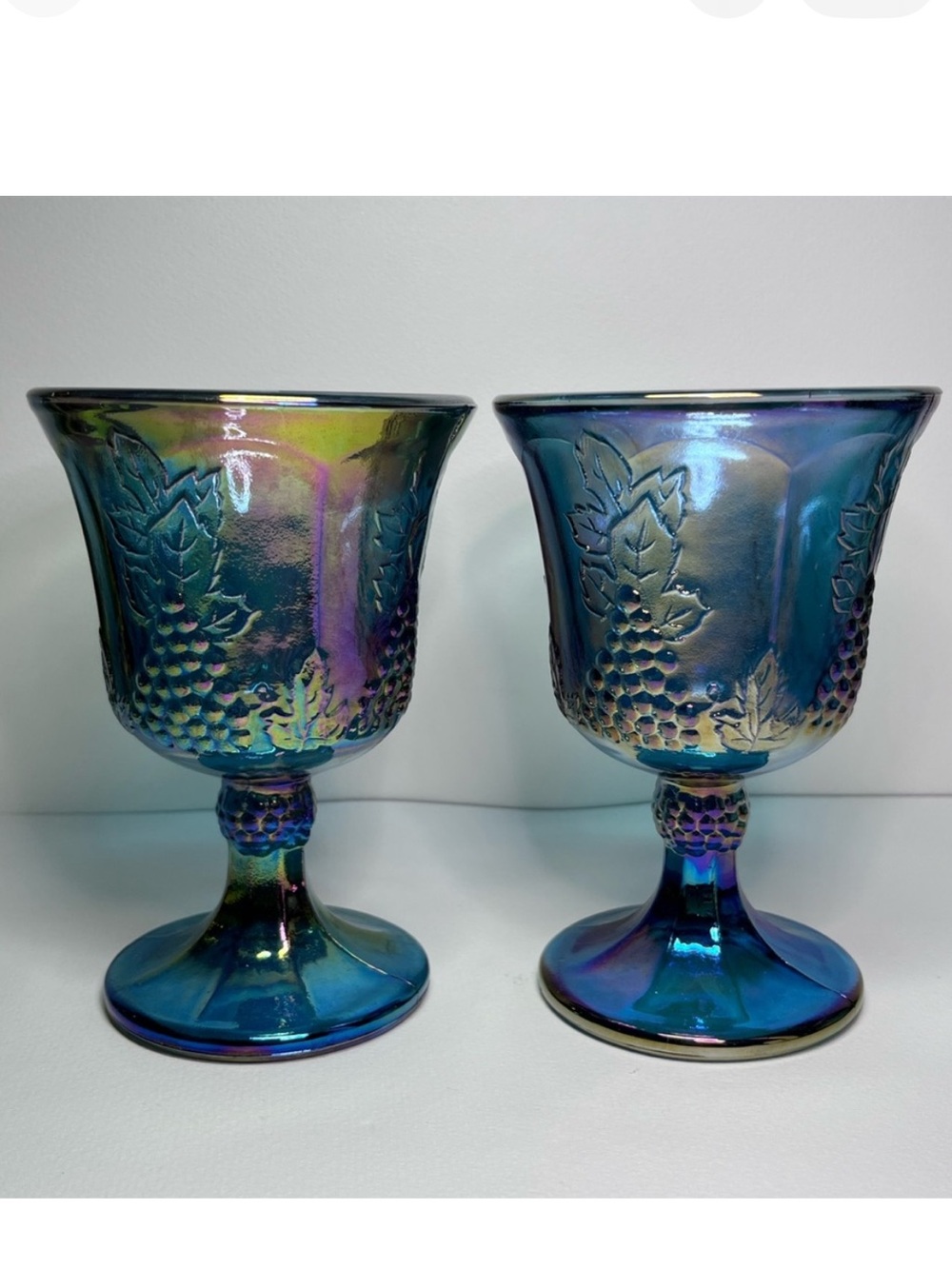 Pair Indiana Carnival Glass Iridescent Blue Harvest Grape Tumbler Goblet